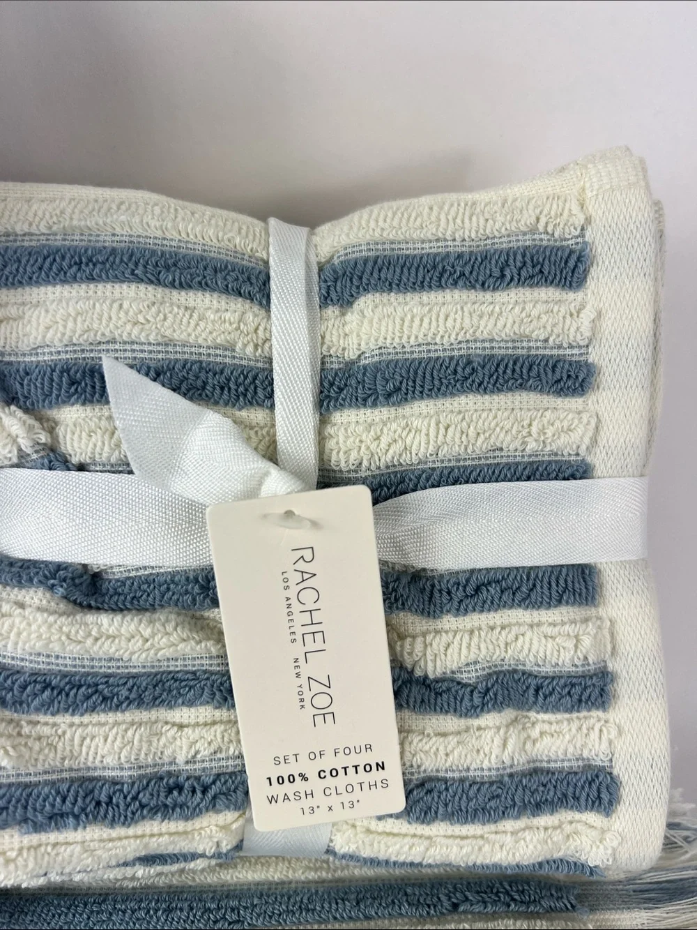 Rachel Zoe Bath Towel Set Blue White Striped with Fringe Soft Cotton 8 Pc NEW